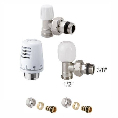Kit valvole termostatiche a squadra per radiatori con testa e adattatori 1/2" x 3/8"