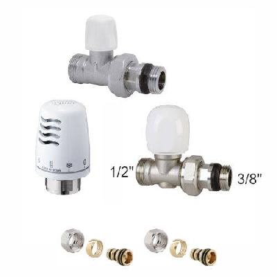 Kit valvole termostatiche dritte per radiatori con testa e adattatori 1/2" x 3/8"
