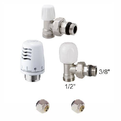 Kit valvole termostatiche a squadra per radiatori con testa e adattatori 1/2" x 3/8" tubo rame D. 12