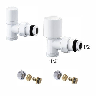 Kit valvole termostatiche bianche a squadra per radiatori con adattatori 1/2" x 1/2" tubo multistrato 16x2,25