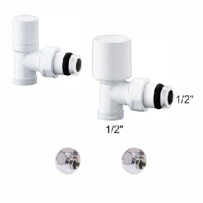 Kit valvole termostatiche bianche a squadra per radiatori con adattatori 1/2" x 1/2" tubo rame D. 10