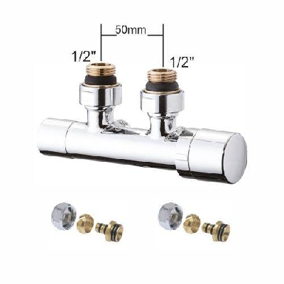 Valvola termostatica cromata interasse 50mm per radiatori con adattatori 1/2" x 1/2" tubo multistrato 16x2