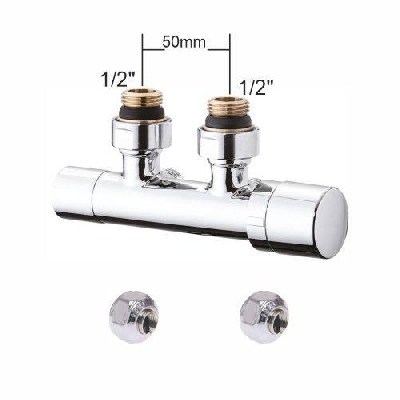 Valvola termostatica cromata interasse 50mm per radiatori con adattatori 1/2" x 1/2" tubo rame D. 10