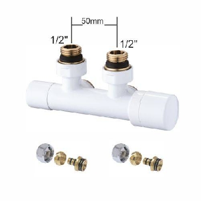 Valvola termostatica bianca interasse 50mm per radiatori con adattatori 1/2" x 1/2" tubo multistrato 16x2