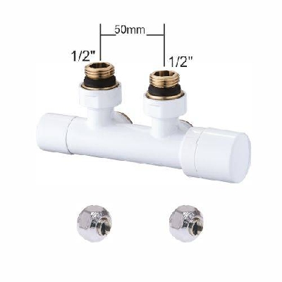 Valvola termostatica bianca interasse 50mm per radiatori con adattatori 1/2" x 1/2" tubo rame D. 10