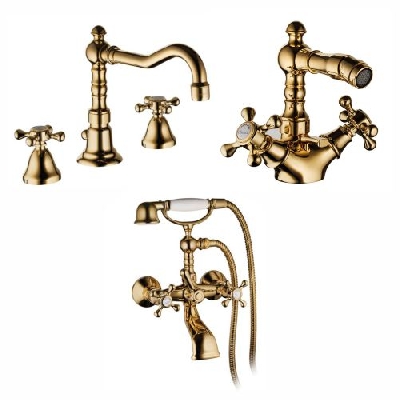 Set batteria per lavabo 3 fori + gruppo bidet monoforo con bocca girevole + gruppo per vasca con deviatore RETRO COLOR Palazzani