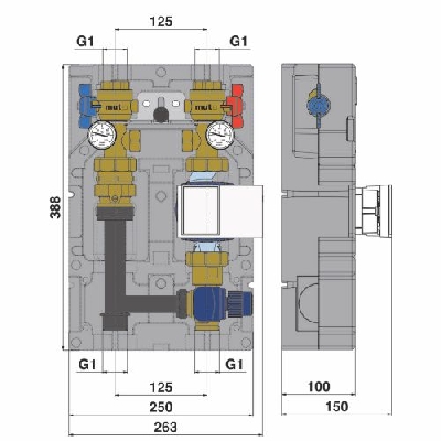 Gruppo di rilancio con valvola miscelatrice per iimpianti di riscaldamento Serie GRT 30-80 °C Mut 7.030.02183