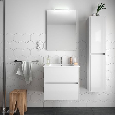 Salgar NOJA Mobile da bagno sospeso 70 cm bianco lucido con lavabo + specchio + applique a led