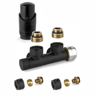 APM Valvola ad H termostatizzabile nera interasse 50 mm con adattatori 1/2" x 1/2" tubo multistrato 16x2 con testa termostatica