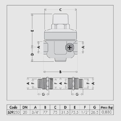 Caleffi riduttore di pressione 3/4" x 1/2" con doppio attacco manometro 1/4" 539250